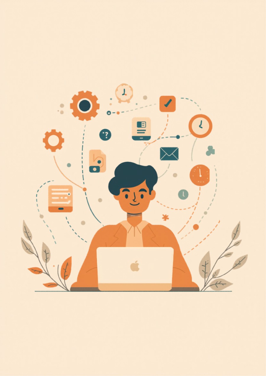 Small business owner with automated workflow systems running in the background