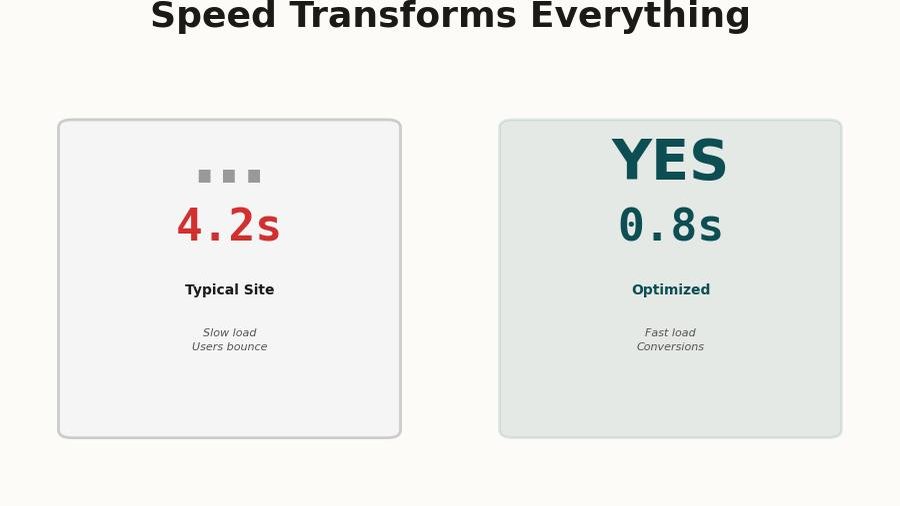 Side by side comparison of slow loading website vs fast modern website