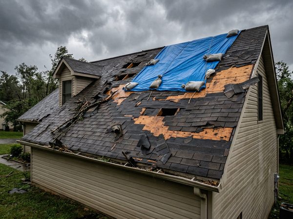 Storm-damaged roof before repair