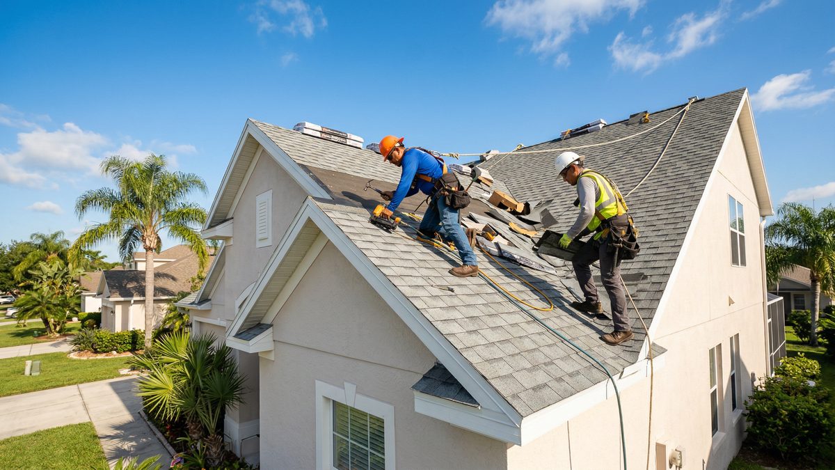 Professional roofing crew installing a new roof