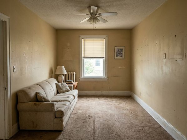 Dated living room interior with warm beige walls needing a refresh